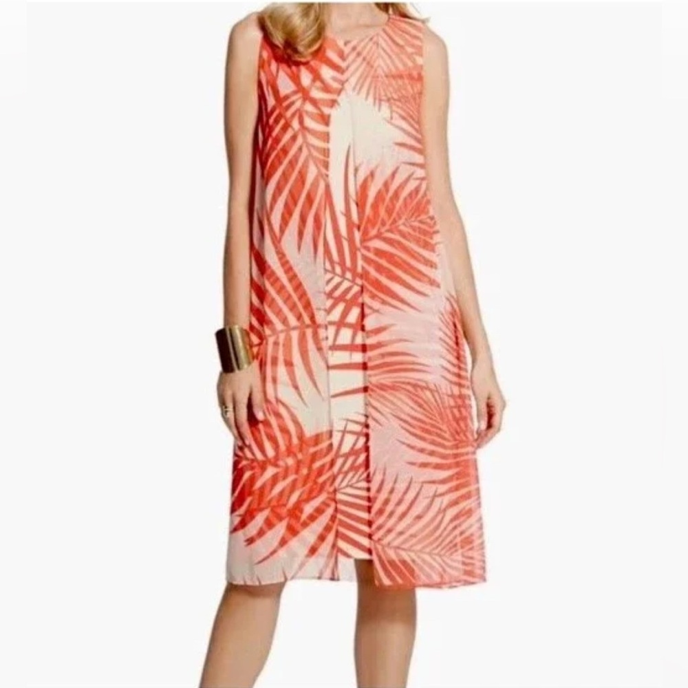 Chico's red peach orange Cream Tropical Palms Dress with sheer overlay Resort